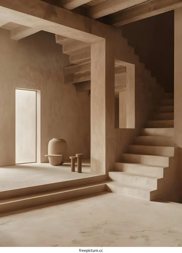 Minimalist Modern Staircase Interior Design with Wooden Beams and Concrete Walls