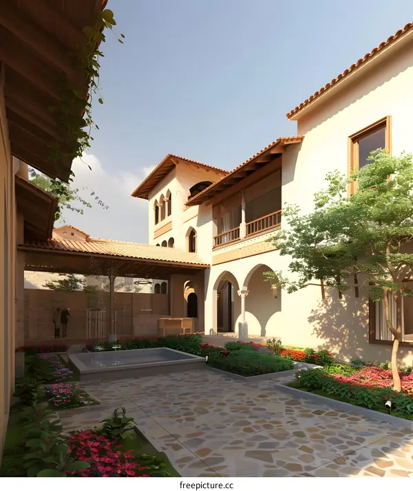 Spanish Style Courtyard With Fountain and Flowers