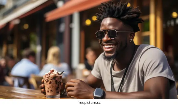 Black man with sunglasses smiling at a restaurant