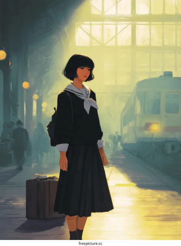 A Girl at the Train Station Illustration