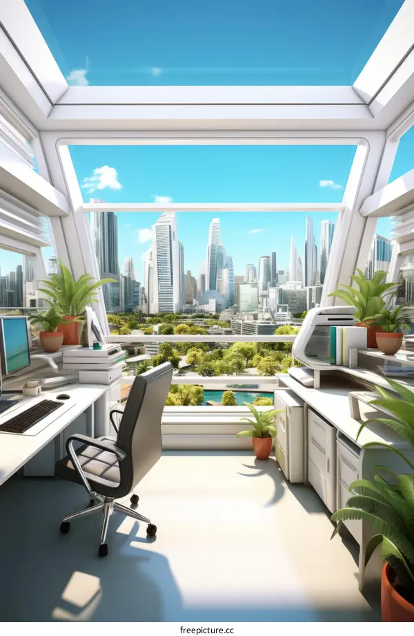 futuristic office interior design with city view