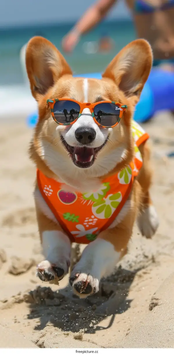 A happy corgi wearing sunglasses is running on the beach