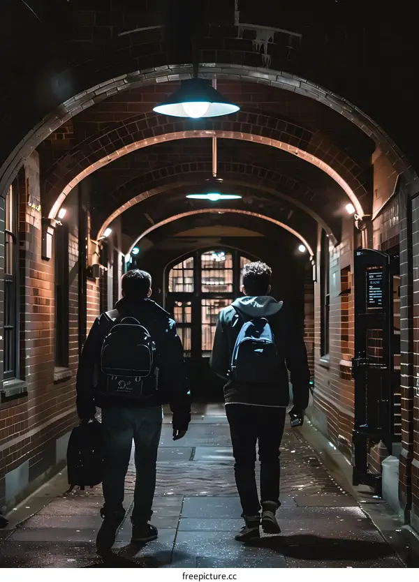 Two Friends Walking Through Arched Brick Corridor At Night