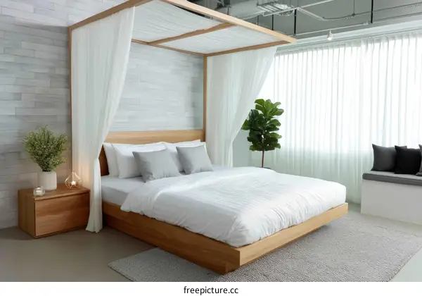Modern Wooden Canopy Bed in a Bright Bedroom