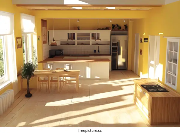Modern Kitchen Design With Yellow Walls and Wooden Furniture