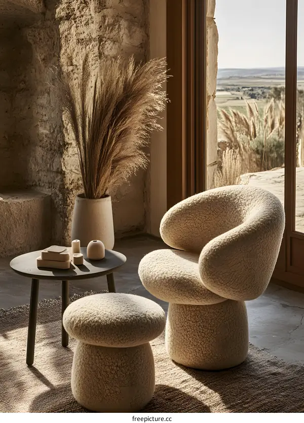 Cozy Living Room with Plush Chair and Ottoman