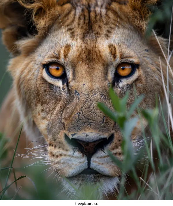 Close-up Portrait of a Lion's Intense Gaze
