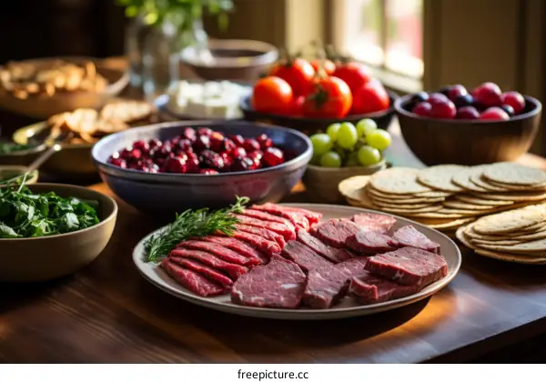 A delicious and healthy meal of steak, vegetables, and fruit