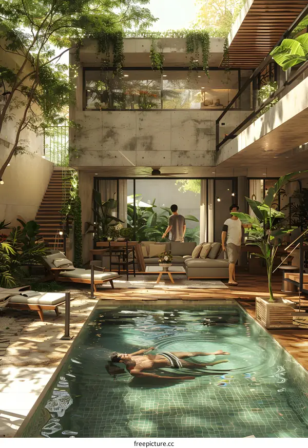 Modern Minimalist Home with Swimming Pool and Lush Greenery