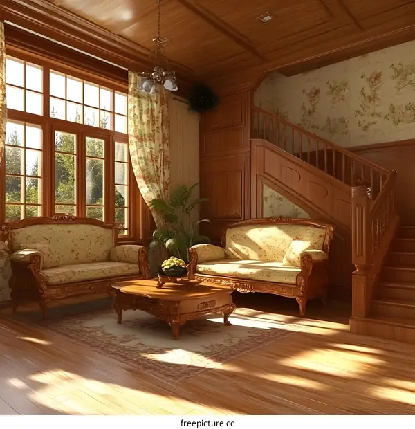 Elegant Living Room with Wooden Furniture and Staircase