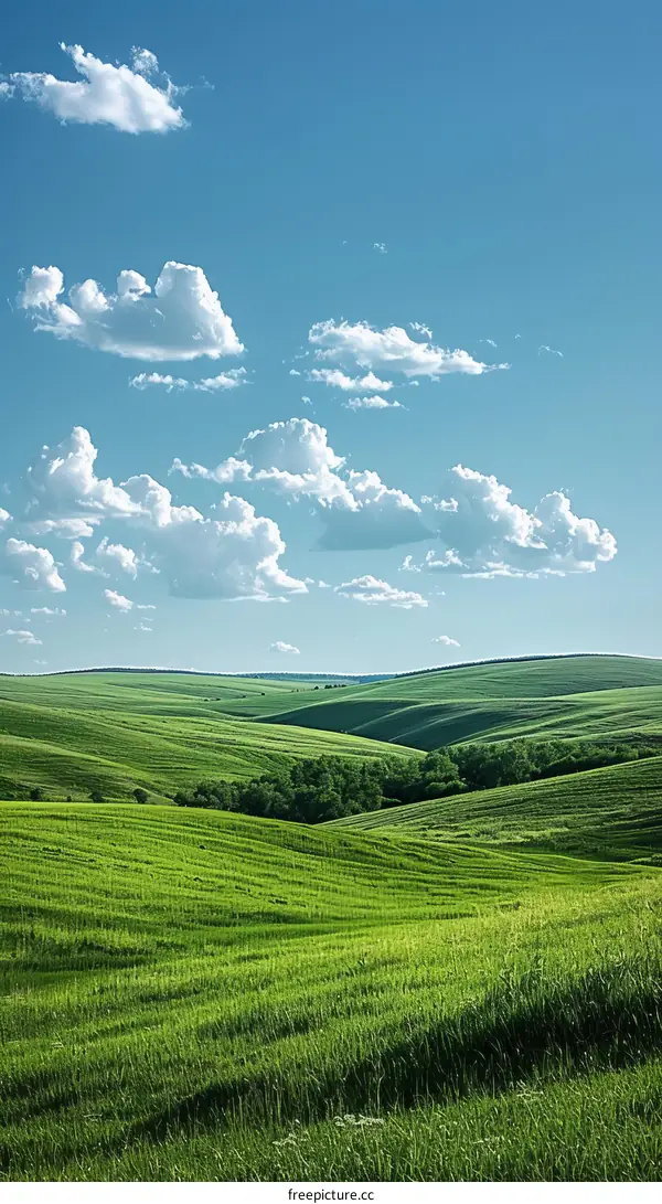 Green rolling hills under blue sky and white clouds
