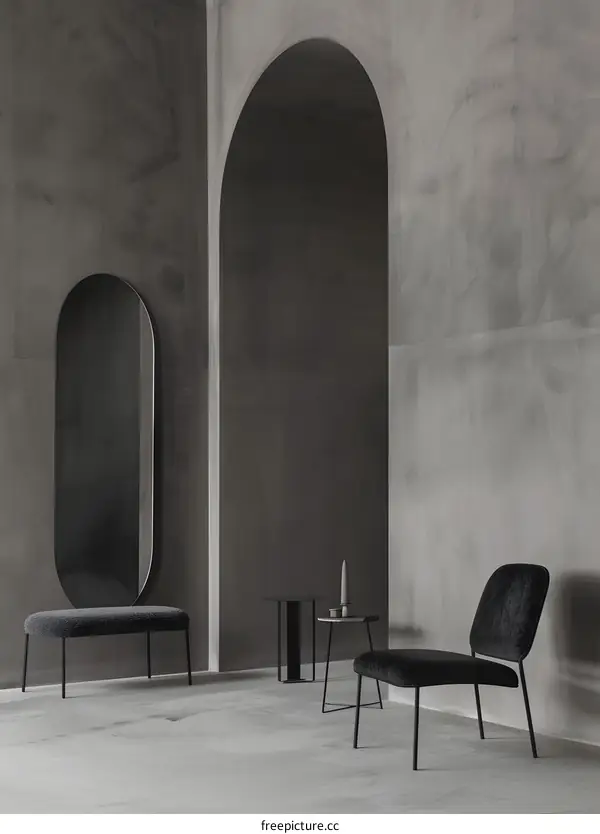 Minimalist Interior Design with Archway and Black Furniture