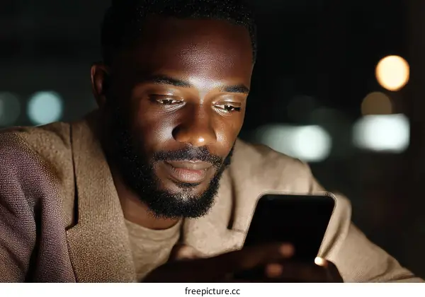 Focused Man Using Smartphone at Night