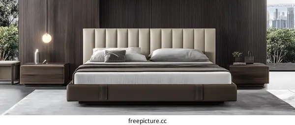 Modern Bedroom Interior Design with Wooden Bedside Tables and a City View