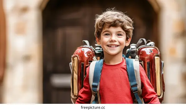 Smiling Boy with Backpack Outdoors