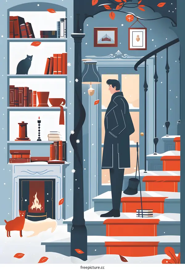 Man Standing On Stairs In Snowy Winter Home With Fireplace