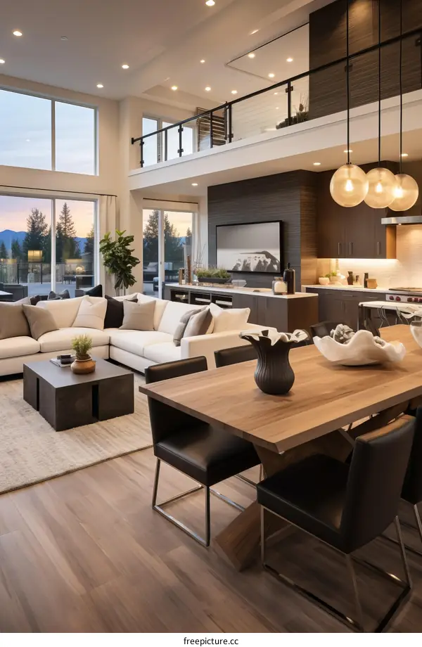 Modern house interior design with open floor plan, wood flooring, large windows and high ceilings