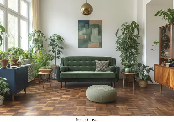 Retro and Modern Living Room Interior Design with Plants