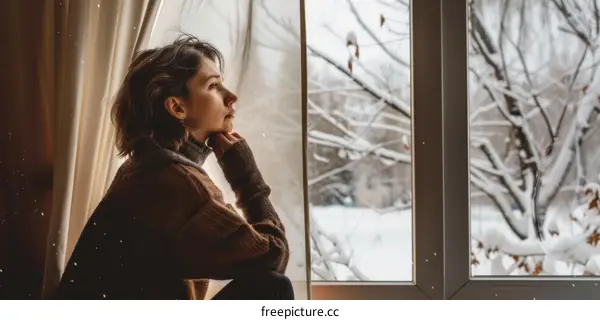 A woman is sitting by the window and looking outside in the winter.