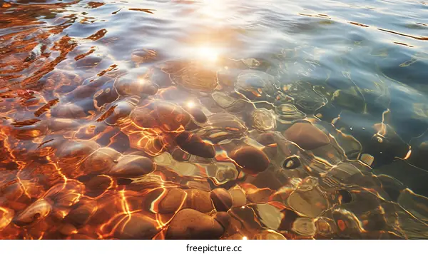 Sunlight shining through the water and reflecting on the rocks below