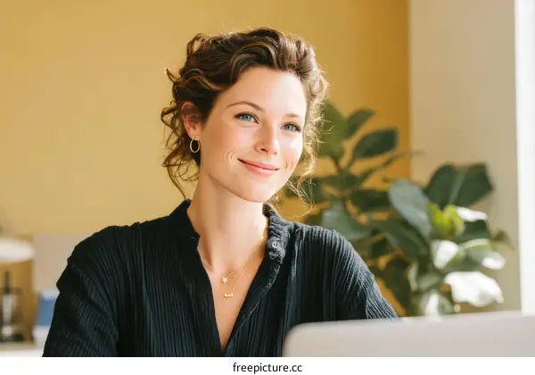 Smiling Woman Working on Laptop