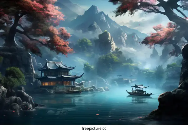 Oriental House and Cherry Blossoms by Serene Lake with Mountains