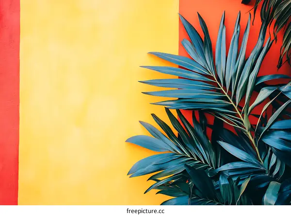 Tropical Leaves on Yellow and Red Wall Background