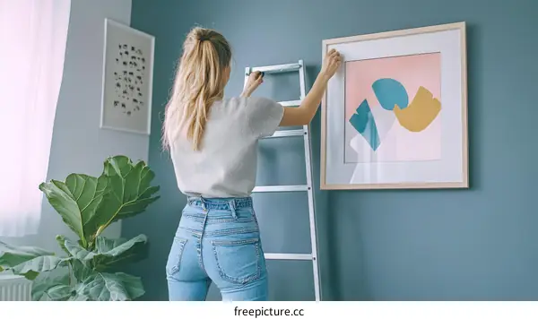 Woman Hanging Artwork on Wall Home Decor