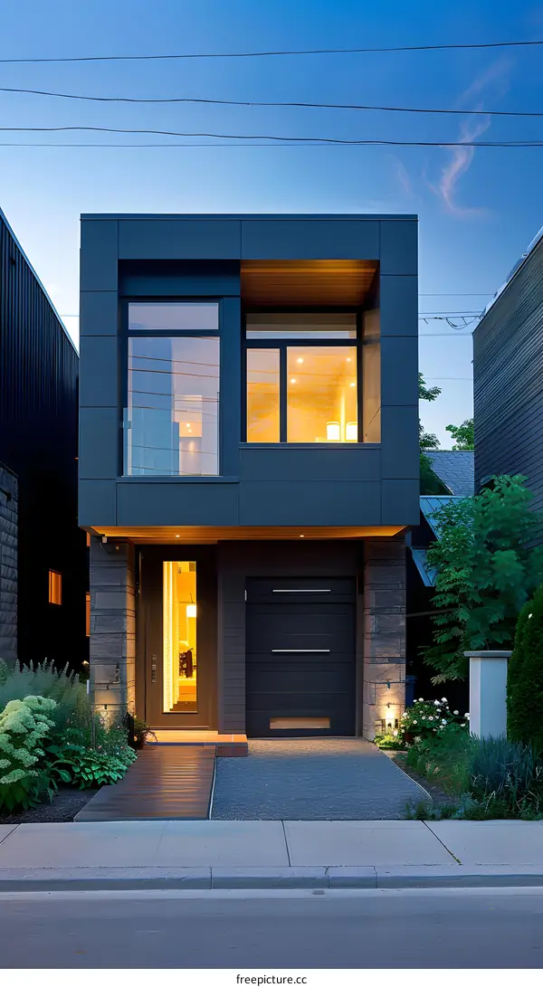 Modern Black House with Wooden Accents and a Patio