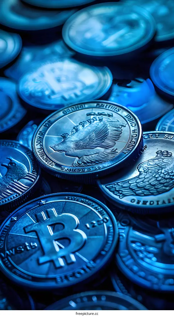 A pile of silver and blue physical bitcoins and litecoins