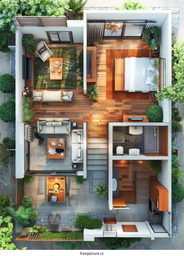 Interior Design of a Three-Story Modern House with Balcony and Garden