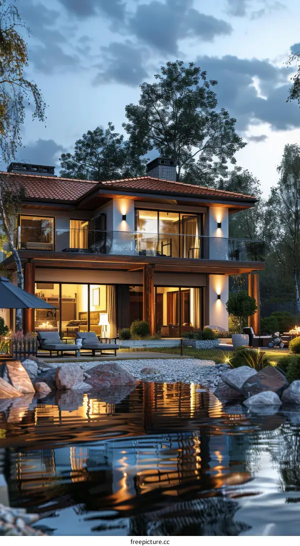 Modern House With Pond and Water Reflection at Twilight
