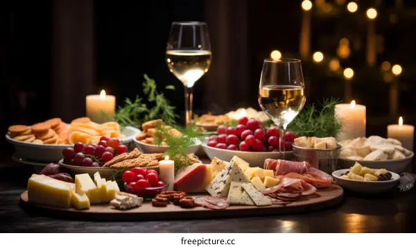 A wooden table full of food and drinks for Christmas.