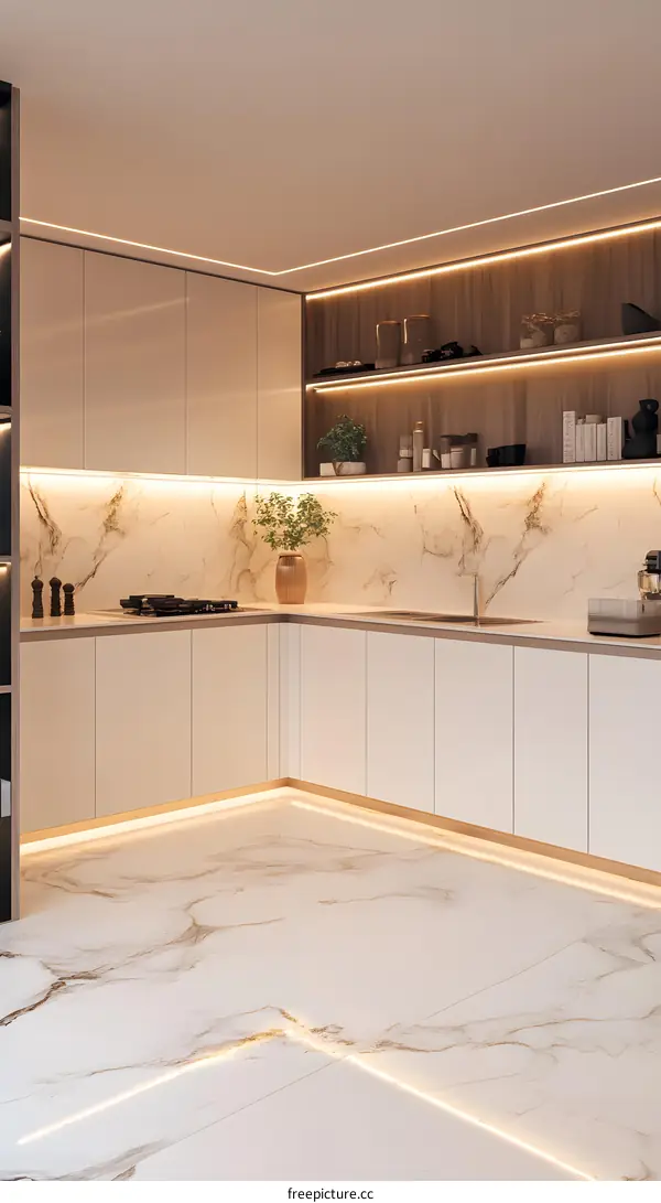 Modern Kitchen Interior Design with Marble Floor and White Cabinets