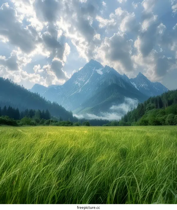 Vibrant Green Grassy Meadow with Majestic Mountains