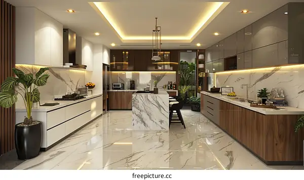 Modern Minimalist Kitchen with White Marble and Wood Cabinets