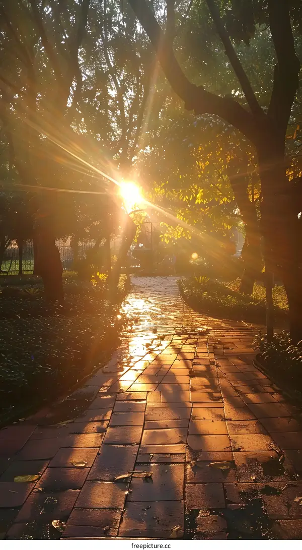 The sunlight shines through the trees in the park