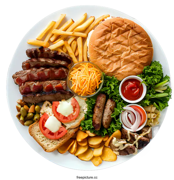 [Transparent Background PNG]Delicious Food Platter With Burger, Fries, Sausages, And Steak