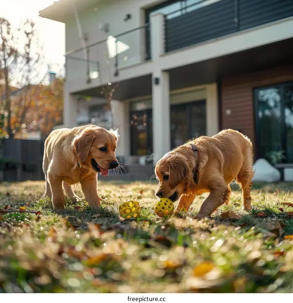 Two cute golden retriever puppies playing with a ball in the backyard