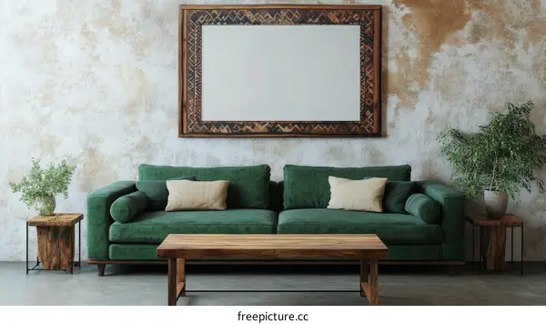Rustic Living Room Interior Design with Green Velvet Sofa