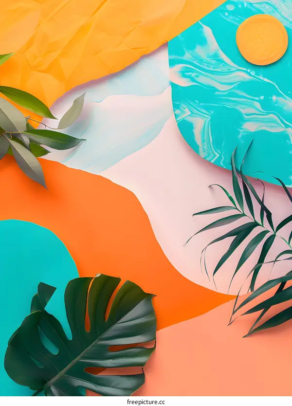 Abstract Background With Summer Tropical Leaves And Colorful Paper