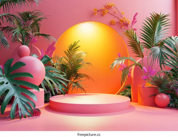 Pink Podium with Tropical Plants and Orange Light