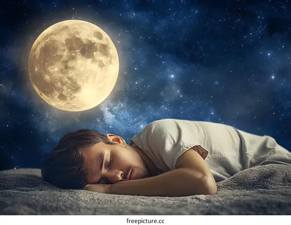 Sleeping Man Under a Full Moon in a Starry Night