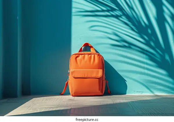 Orange Backpack Leans on Blue Wall