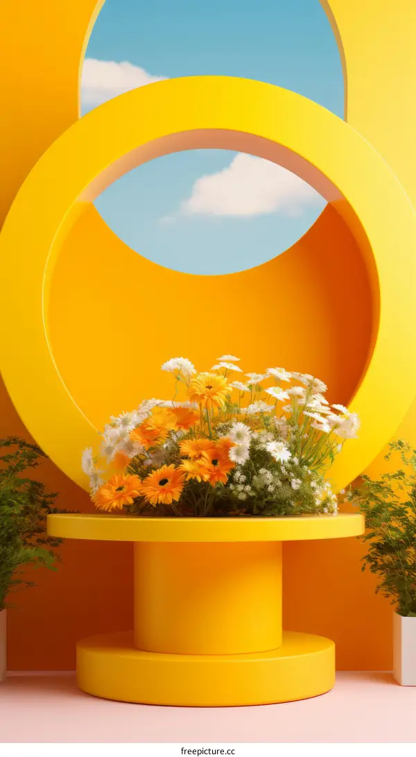 Orange and white flowers on a yellow table against a yellow background