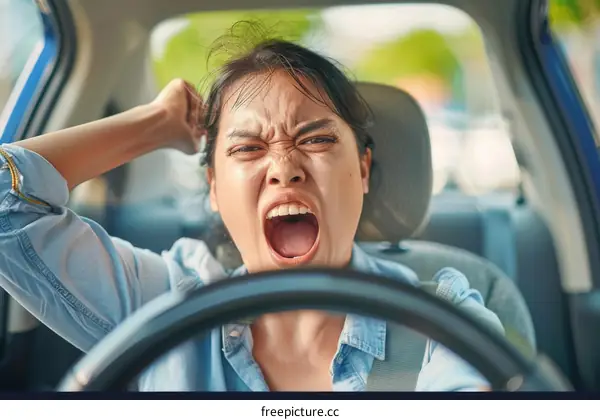 Frustrated Asian Female Driver Yelling At The Wheel