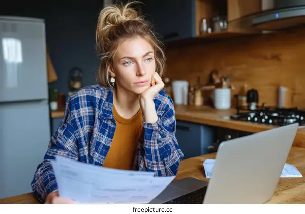 Woman Reviewing Bills in Kitchen