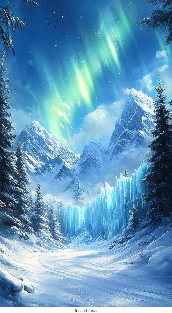 Snowy Mountain Range with Northern Lights