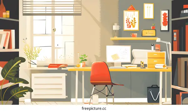 Home Office Desk with Window and Bookshelf