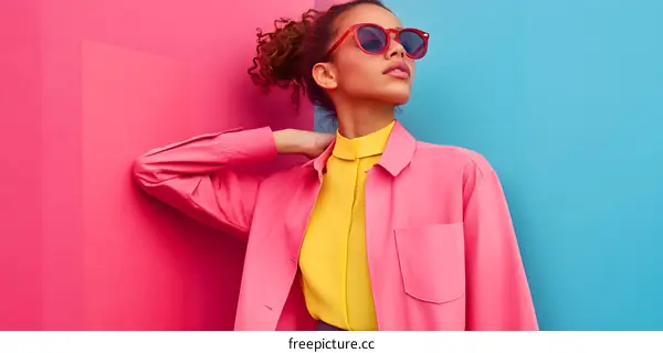 Woman Wearing Pink Shirt and Red Sunglasses Against Colorful Background